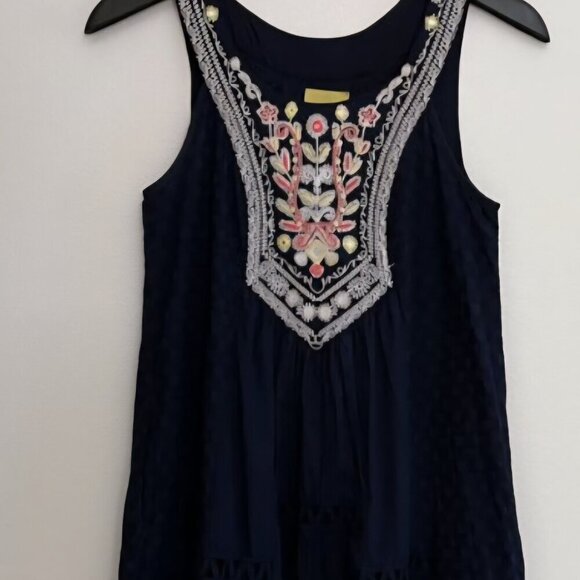 Maeve Anthropologie Boho Spring navy blue Tier Fairy dress floral embroidery 6 - Picture 3 of 8